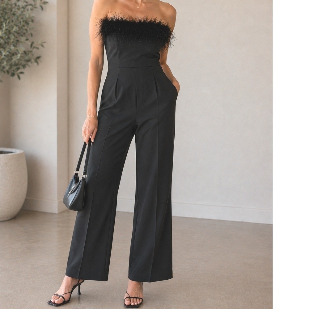 Altar'd State Black Strapless Feather Trim Jumpsuit Straight Leg Pockets Size M